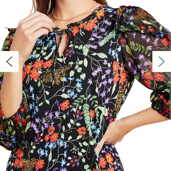 Anthropologie Maeve Jaquin Peasant Blouse Black Floral Puff Sleeve Size 1X - Picture 8 of 14
